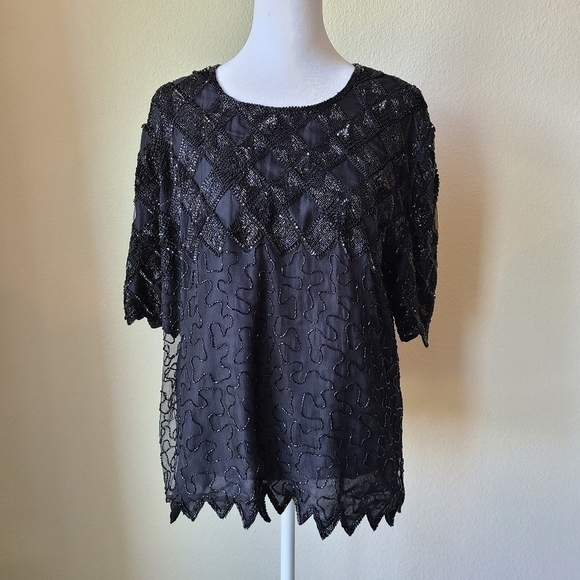 Laurence Kazar Silk Blouse Large Black‎ Lined Embellished Beaded Short Sleeve - Picture 1 of 12